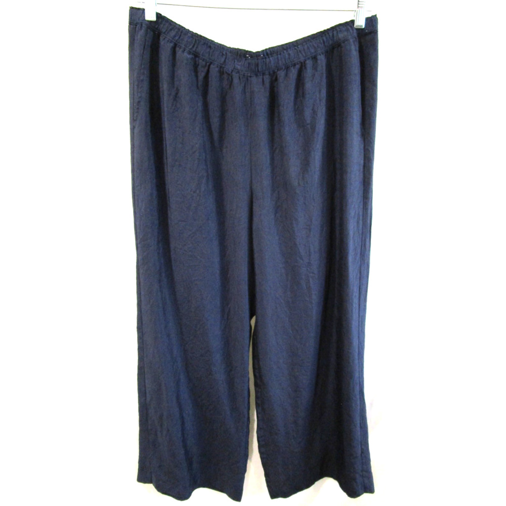 EUC! J. Crew Navy Blue Textured Satin Wide Leg Pull On Stratus Pants Women L